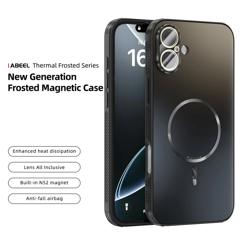 ABEEL For iPhone 16 Case Compatible with MagSafe TPU PC Cooling Matte Phone Back Cover with Lens Film - Black