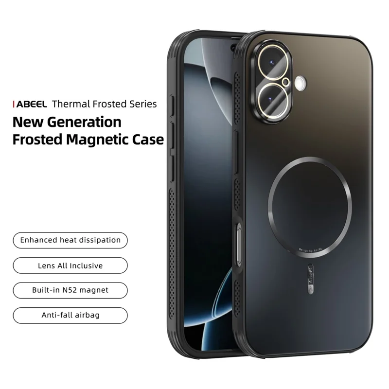 ABEEL For iPhone 17 Magnetic Case TPU PC Cooling Matte Phone Back Cover with Lens Film - Black