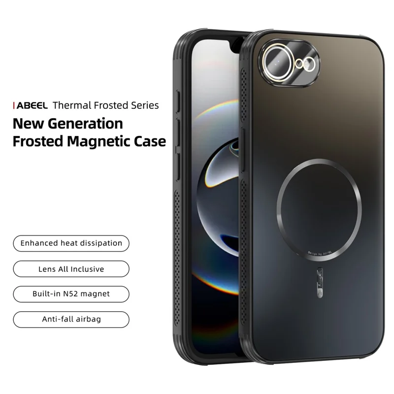 ABEEL For iPhone 16e Magnetic Case TPU PC Cooling Matte Phone Back Cover with Lens Film - Black