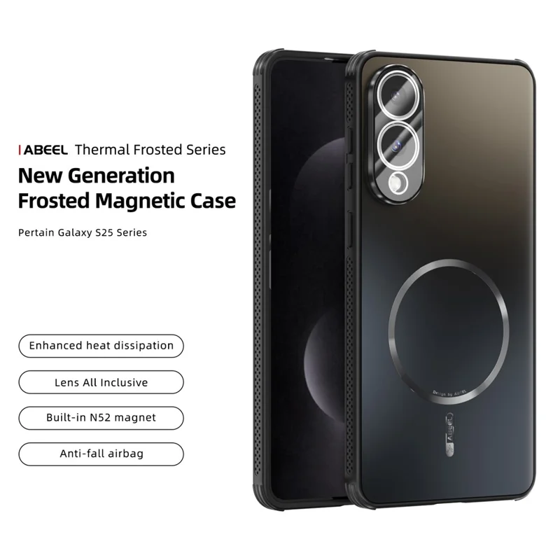 ABEEL For Samsung Galaxy S25 Edge Magnetic Case TPU PC Cooling Matte Phone Back Cover with Lens Film - Black