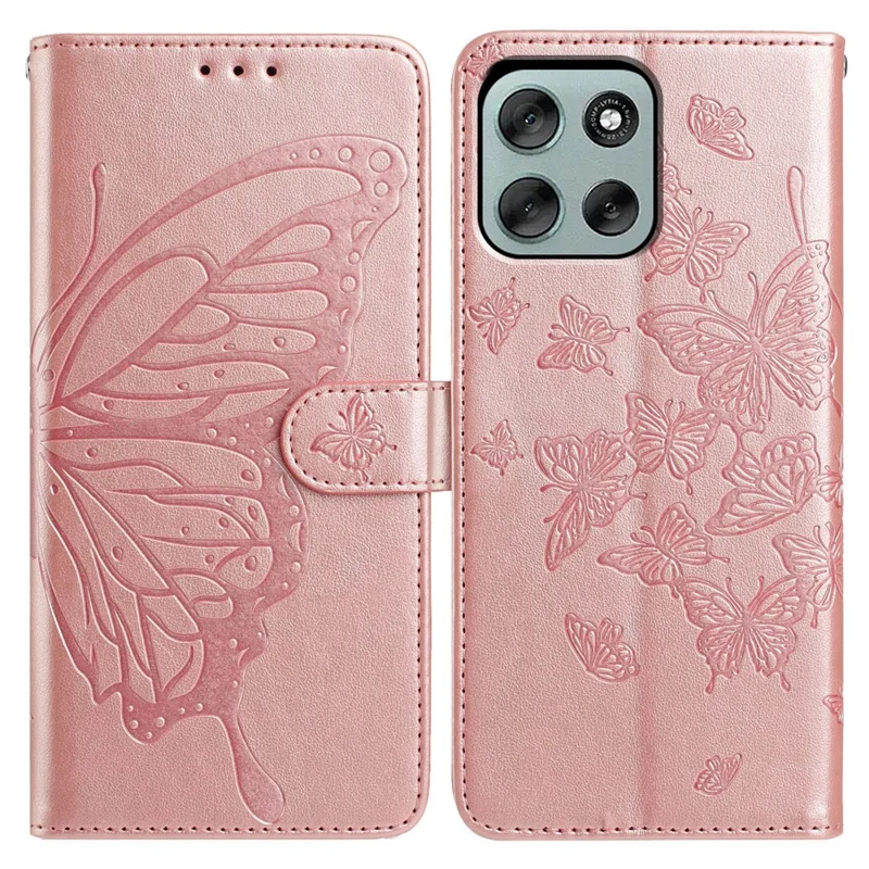 Für Motorola Moto G56 5G Hülle Schmetterling-Muster Portemonnaie Ständer PU-Leder Flip Handyhülle mit Trageriemen - Roségold
