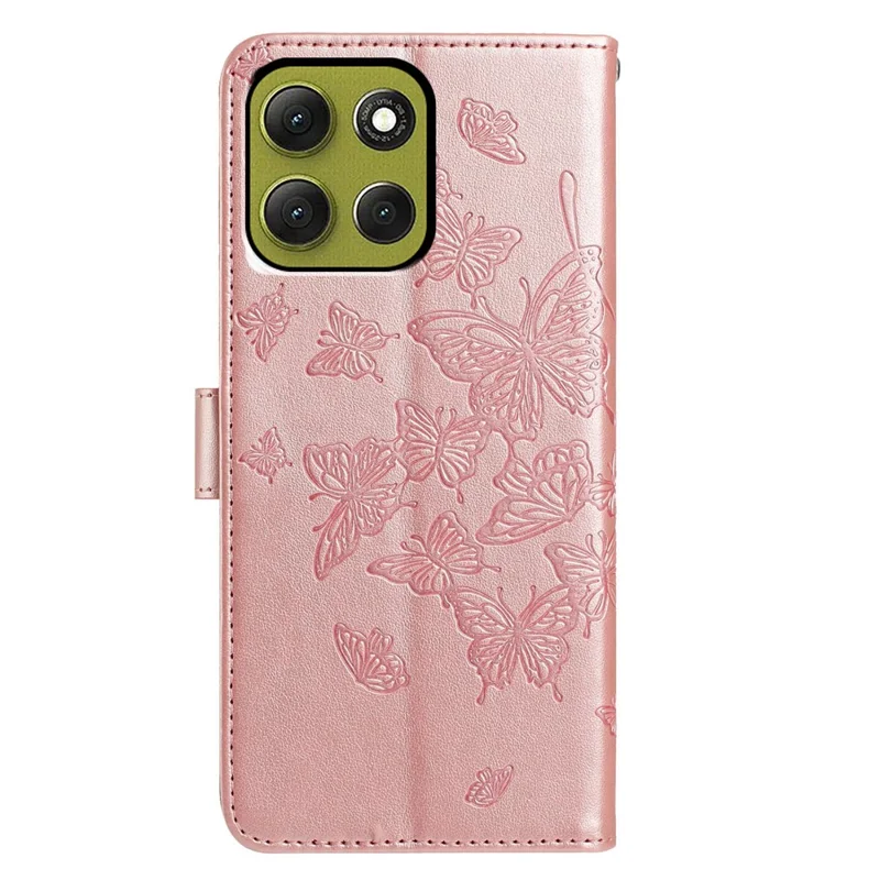Für Motorola Moto G86 5G Hülle Schmetterling Muster Wallet Ständer PU Leder Flip Handyhülle mit Trageriemen - Roségold