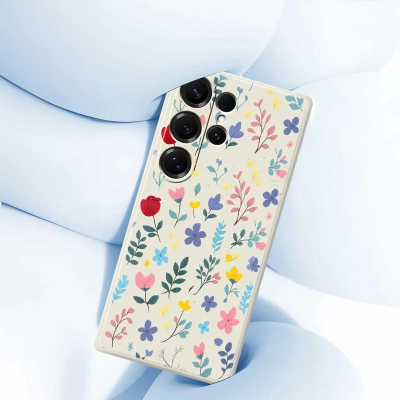 For Samsung Galaxy S25 Ultra Case Colorful Flower Branches Pattern Printing Straight Edge TPU Phone Back Cover - Beige