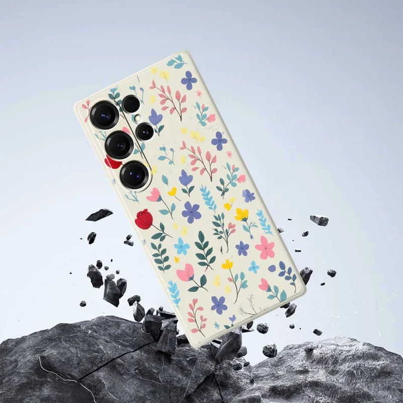 For Samsung Galaxy S25 Ultra Case Colorful Flower Branches Pattern Printing Straight Edge TPU Phone Back Cover - Beige