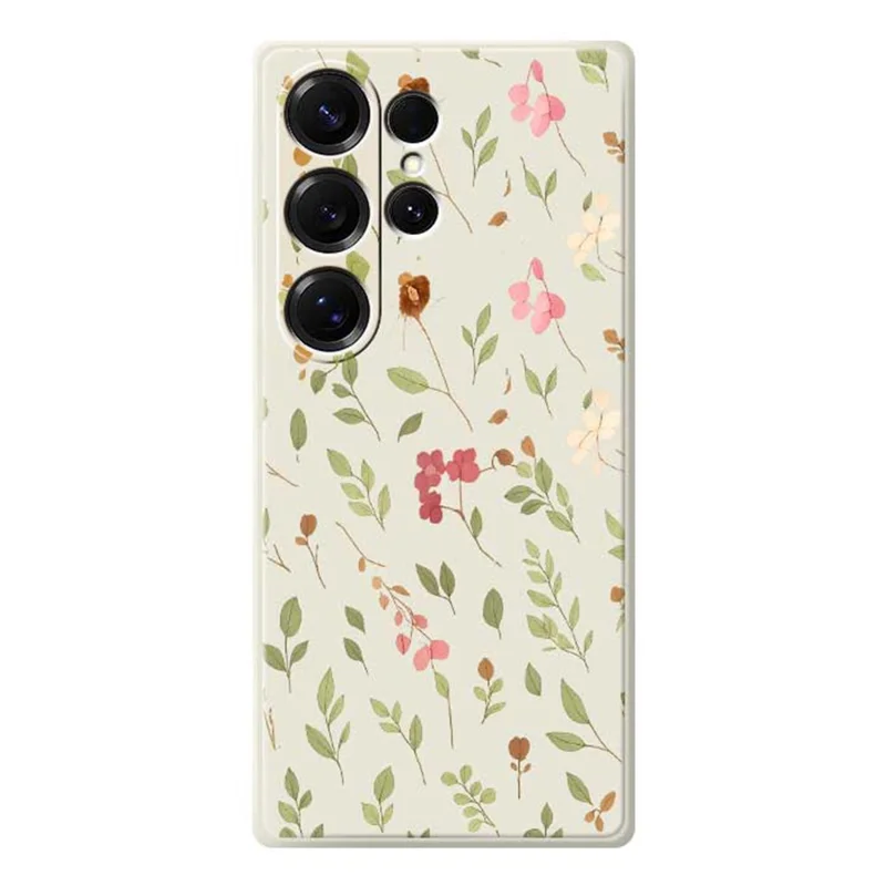 For Samsung Galaxy S25 Ultra Case Small Flower Leaves Pattern Printing Straight Edge TPU Phone Back Cover - Beige