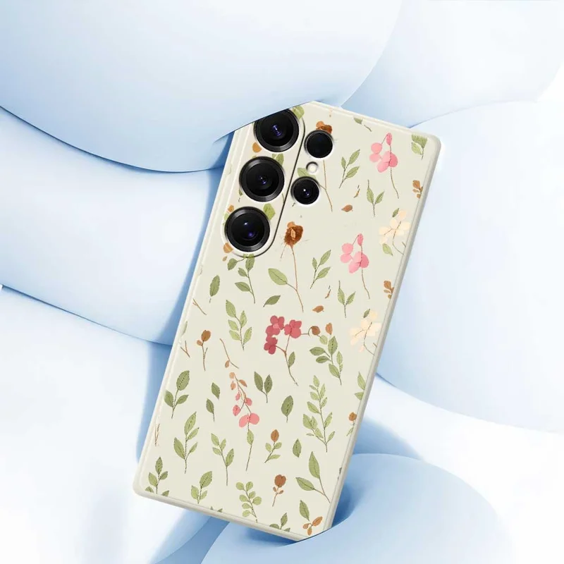 For Samsung Galaxy S25 Ultra Case Small Flower Leaves Pattern Printing Straight Edge TPU Phone Back Cover - Beige