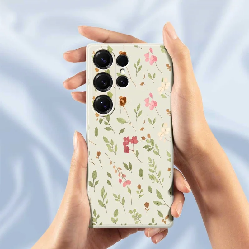 For Samsung Galaxy S25 Ultra Case Small Flower Leaves Pattern Printing Straight Edge TPU Phone Back Cover - Beige
