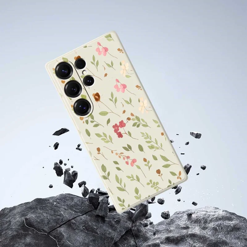 For Samsung Galaxy S25 Ultra Case Small Flower Leaves Pattern Printing Straight Edge TPU Phone Back Cover - Beige