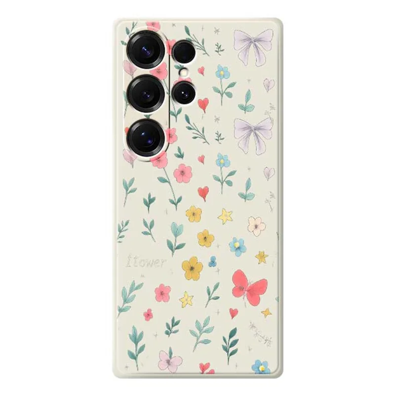 For Samsung Galaxy S25 Ultra Case Floral Bow Pattern Printing Straight Edge TPU Phone Back Cover - Beige