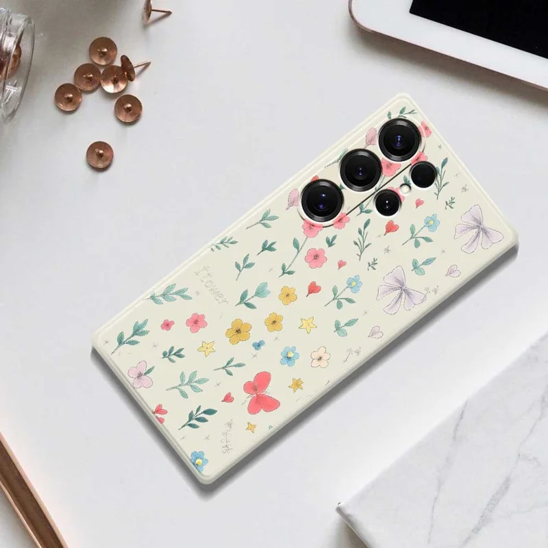 For Samsung Galaxy S25 Ultra Case Floral Bow Pattern Printing Straight Edge TPU Phone Back Cover - Beige