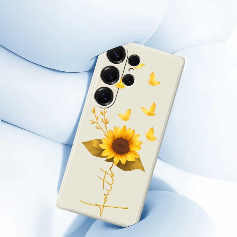 For Samsung Galaxy S25 Ultra Case Golden Butterfly Sunflower Pattern Printing Straight Edge TPU Phone Back Cover - Beige