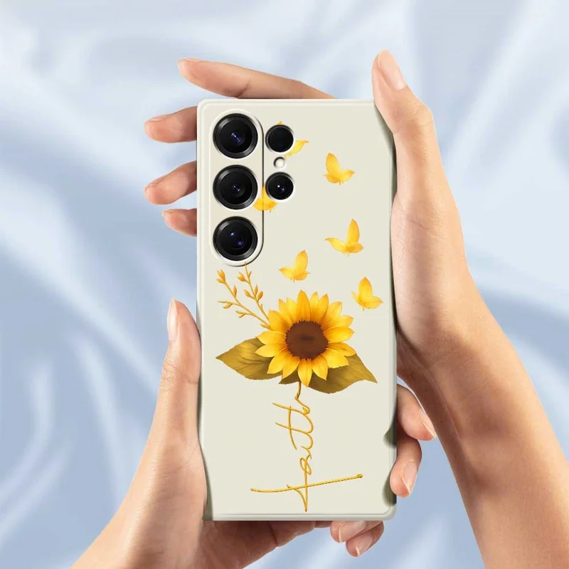 For Samsung Galaxy S25 Ultra Case Golden Butterfly Sunflower Pattern Printing Straight Edge TPU Phone Back Cover - Beige