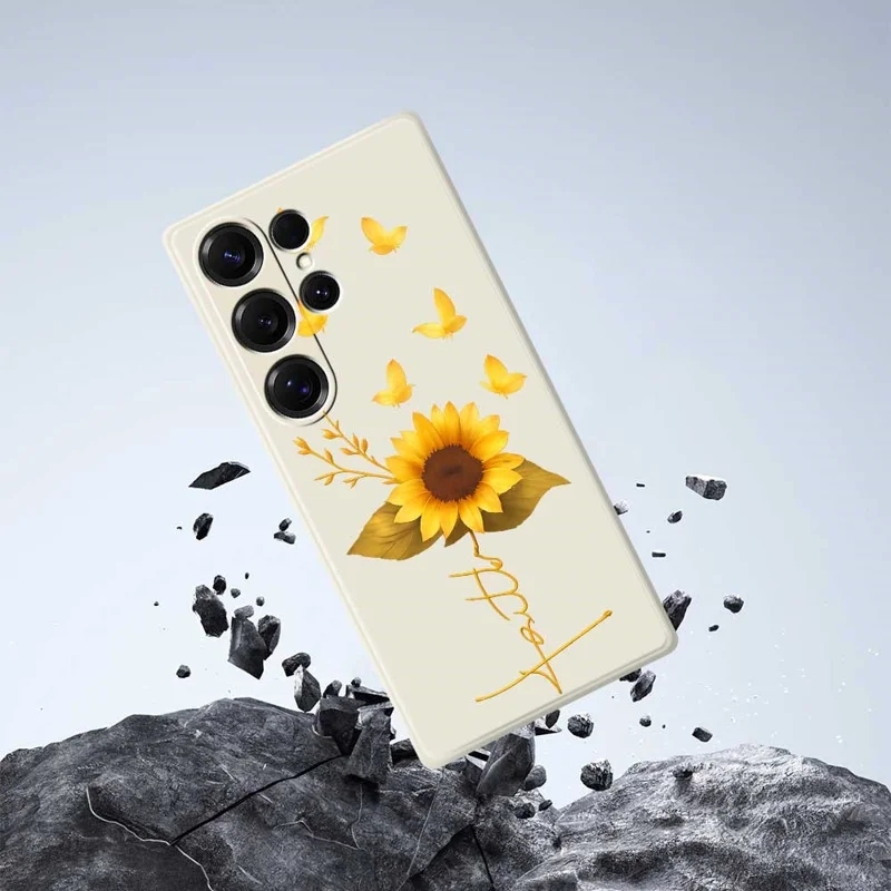For Samsung Galaxy S25 Ultra Case Golden Butterfly Sunflower Pattern Printing Straight Edge TPU Phone Back Cover - Beige