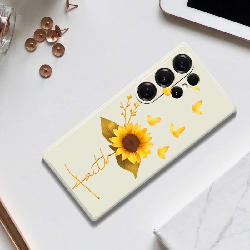 For Samsung Galaxy S25 Ultra Case Golden Butterfly Sunflower Pattern Printing Straight Edge TPU Phone Back Cover - Beige