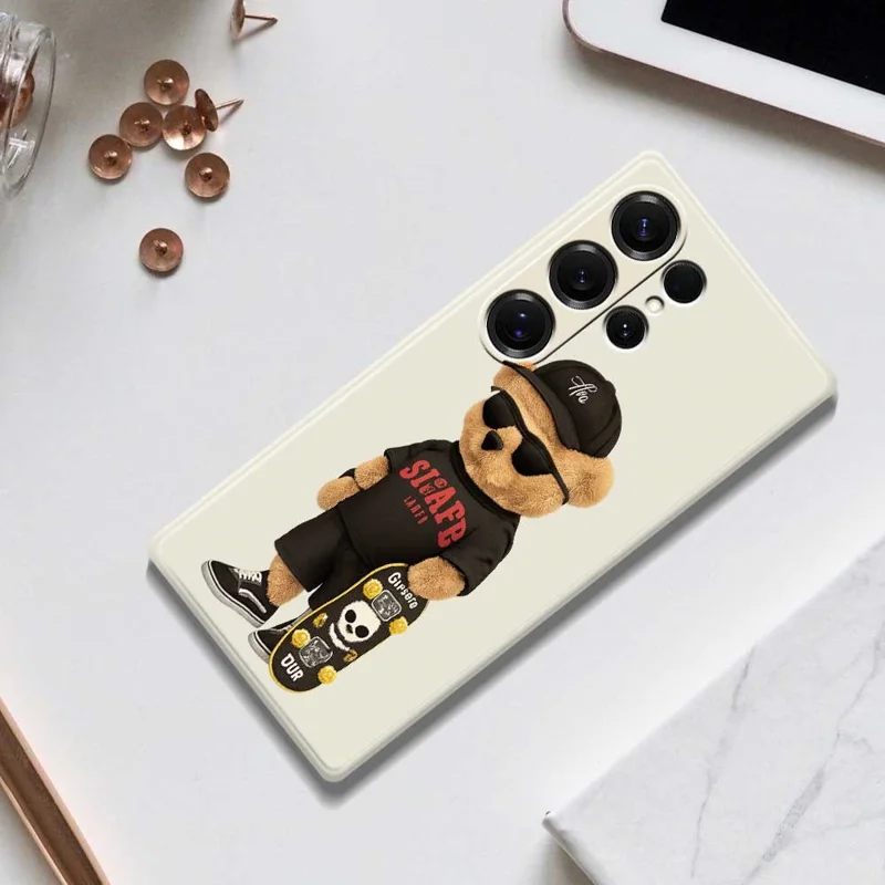 For Samsung Galaxy S25 Ultra Case Cool Bear Pattern Printing Straight Edge TPU Phone Back Cover - Beige