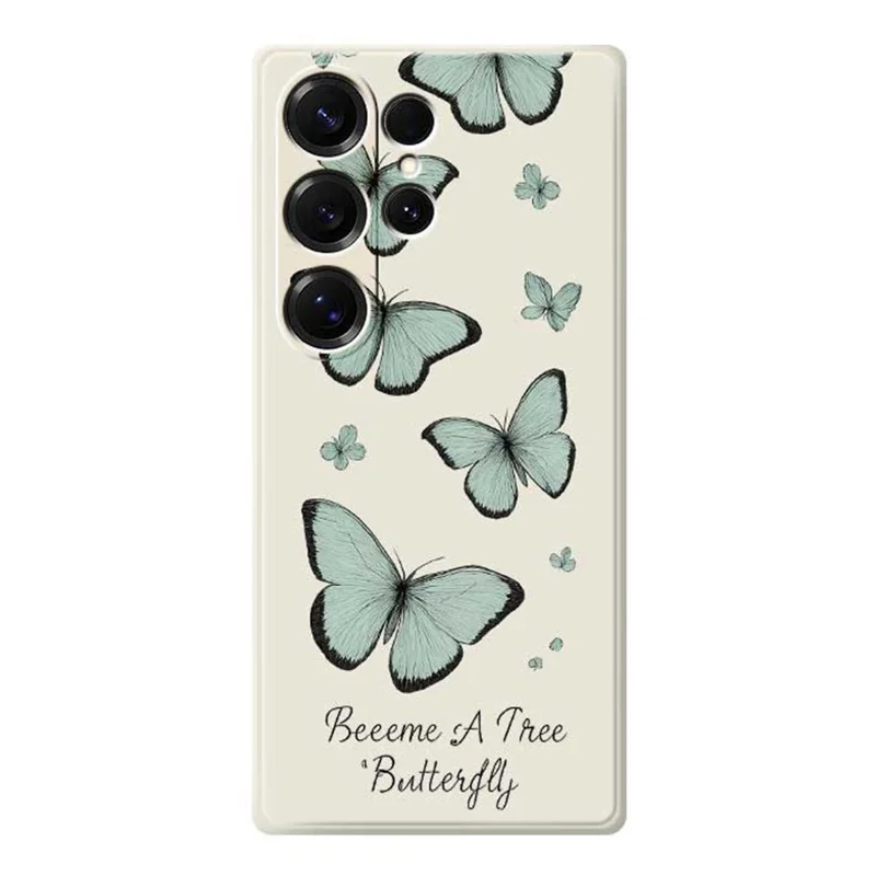 For Samsung Galaxy S25 Ultra Case Green Butterfly Pattern Printing Straight Edge TPU Phone Back Cover - Beige