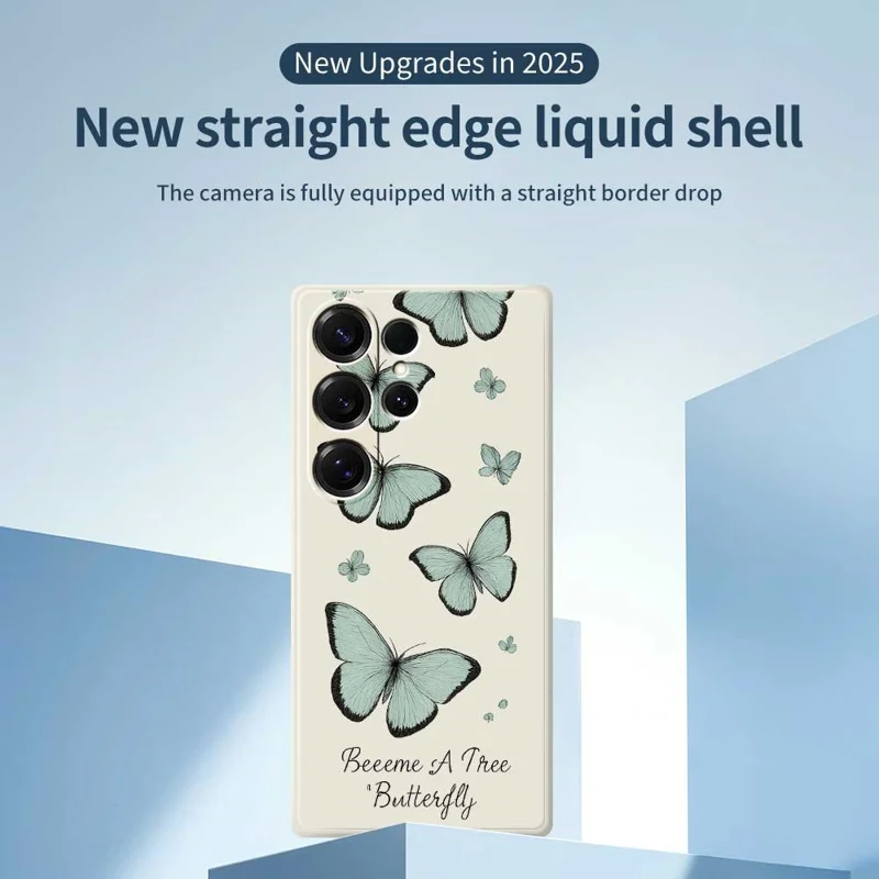 For Samsung Galaxy S25 Ultra Case Green Butterfly Pattern Printing Straight Edge TPU Phone Back Cover - Beige