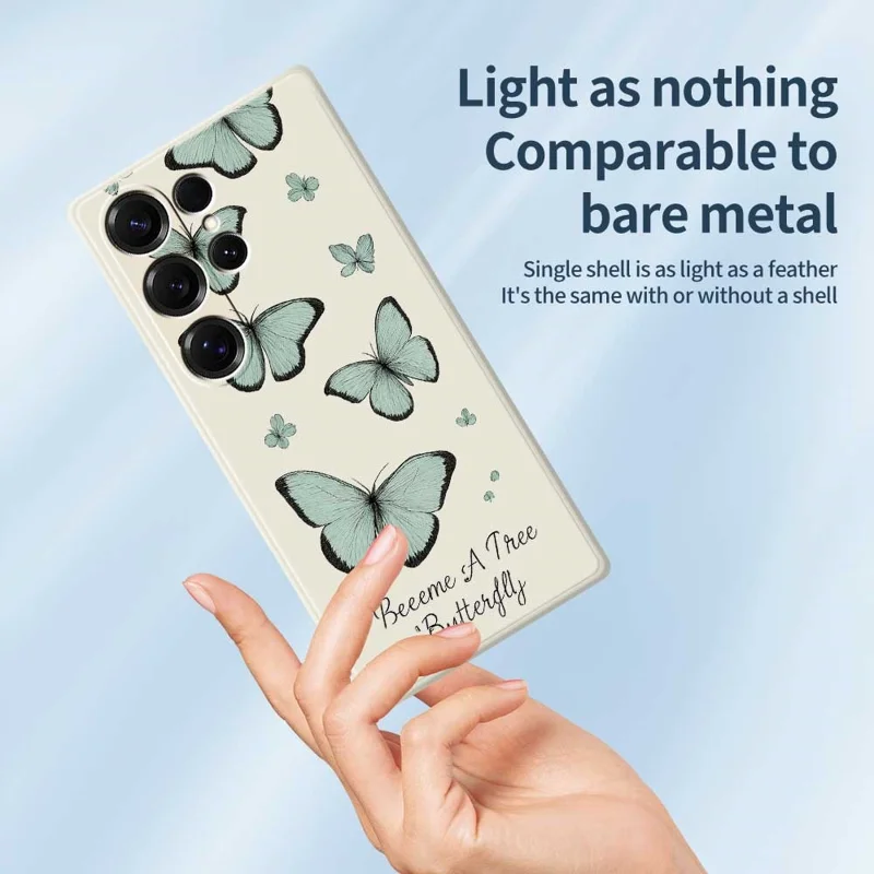 For Samsung Galaxy S25 Ultra Case Green Butterfly Pattern Printing Straight Edge TPU Phone Back Cover - Beige