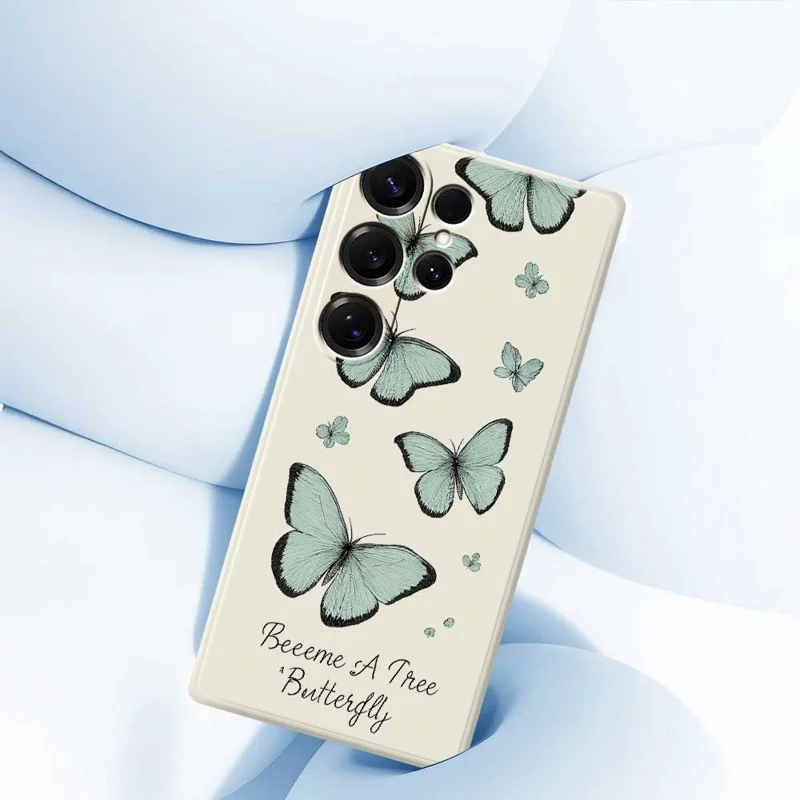 For Samsung Galaxy S25 Ultra Case Green Butterfly Pattern Printing Straight Edge TPU Phone Back Cover - Beige