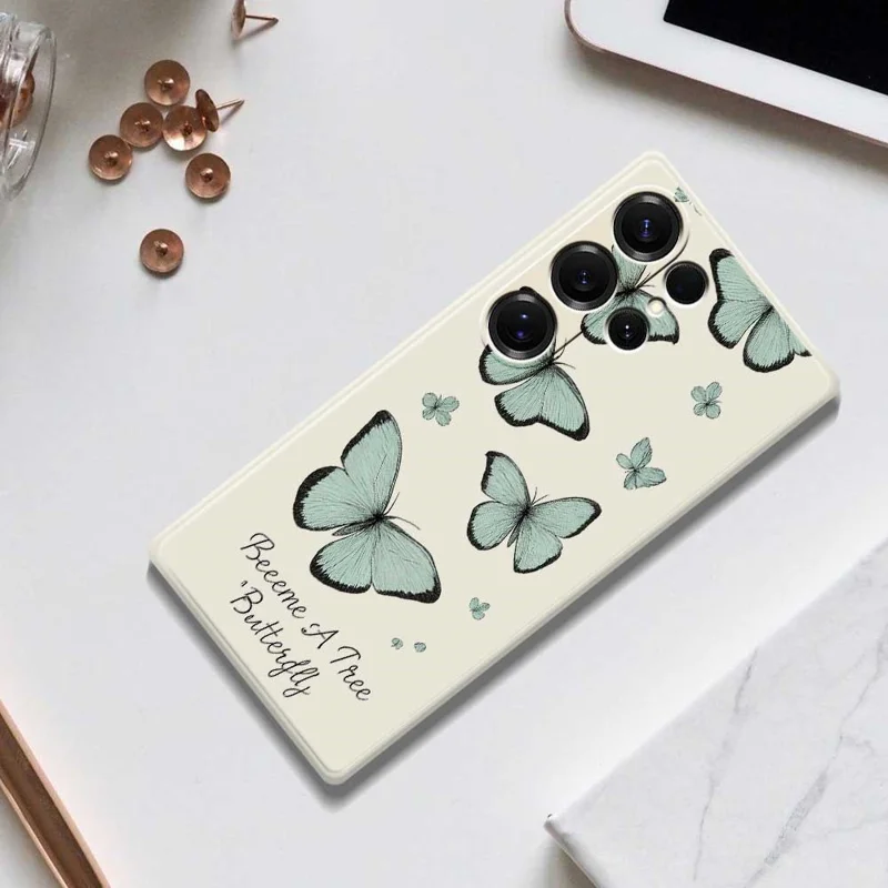 For Samsung Galaxy S25 Ultra Case Green Butterfly Pattern Printing Straight Edge TPU Phone Back Cover - Beige