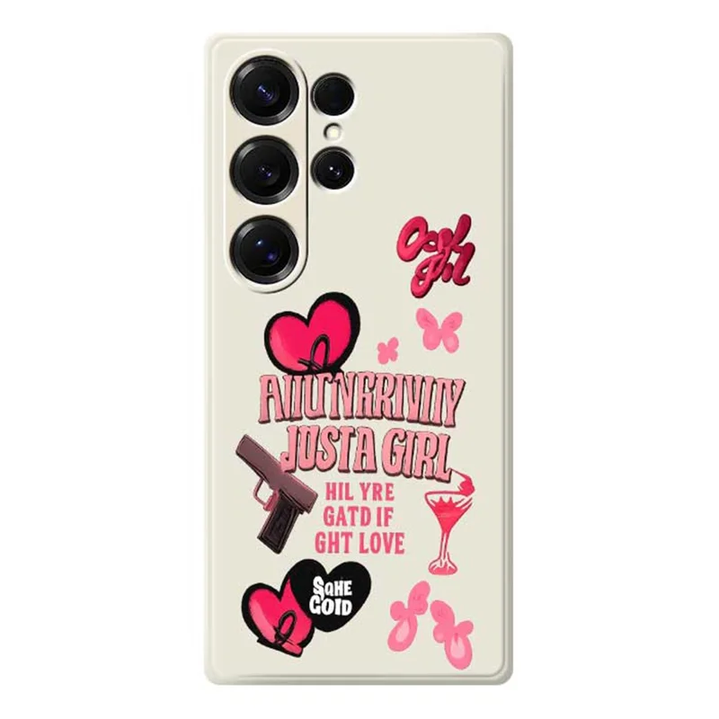 For Samsung Galaxy S25 Ultra Case Pink Elements Pattern Printing Straight Edge TPU Phone Back Cover - Beige