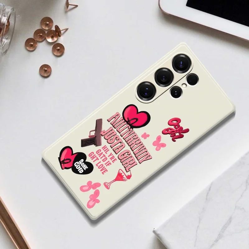 For Samsung Galaxy S25 Ultra Case Pink Elements Pattern Printing Straight Edge TPU Phone Back Cover - Beige