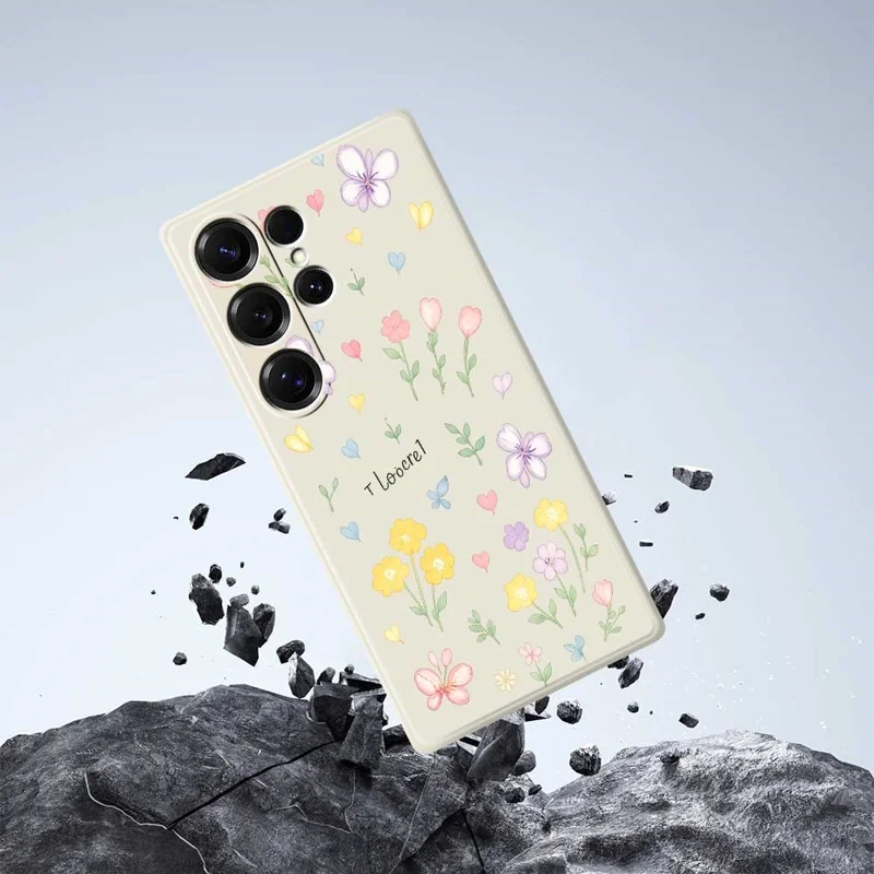 Cover per Samsung Galaxy S25 Ultra con Stampa di Piccoli Fiori, Bordo Dritto, Cover Posteriore in TPU - Beige