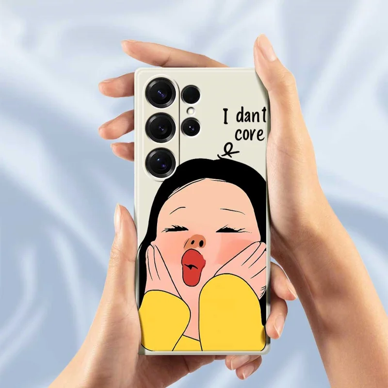 For Samsung Galaxy S25 Ultra Case Girl Holding Face Pattern Printing Straight Edge TPU Phone Back Cover - Beige