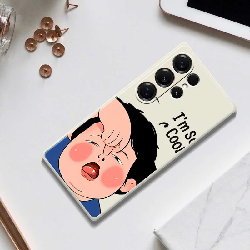 For Samsung Galaxy S25 Ultra Case Make Faces Kid Pattern Printing Straight Edge TPU Phone Back Cover - Beige