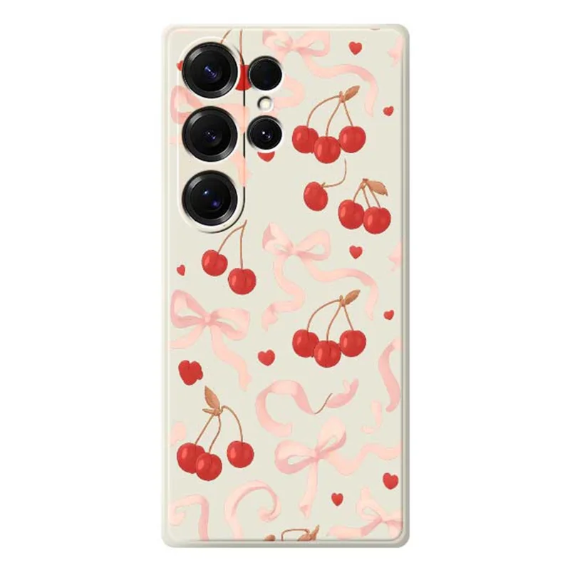 For Samsung Galaxy S25 Ultra Case Big Bow Cherry Pattern Printing Straight Edge TPU Phone Back Cover - Beige