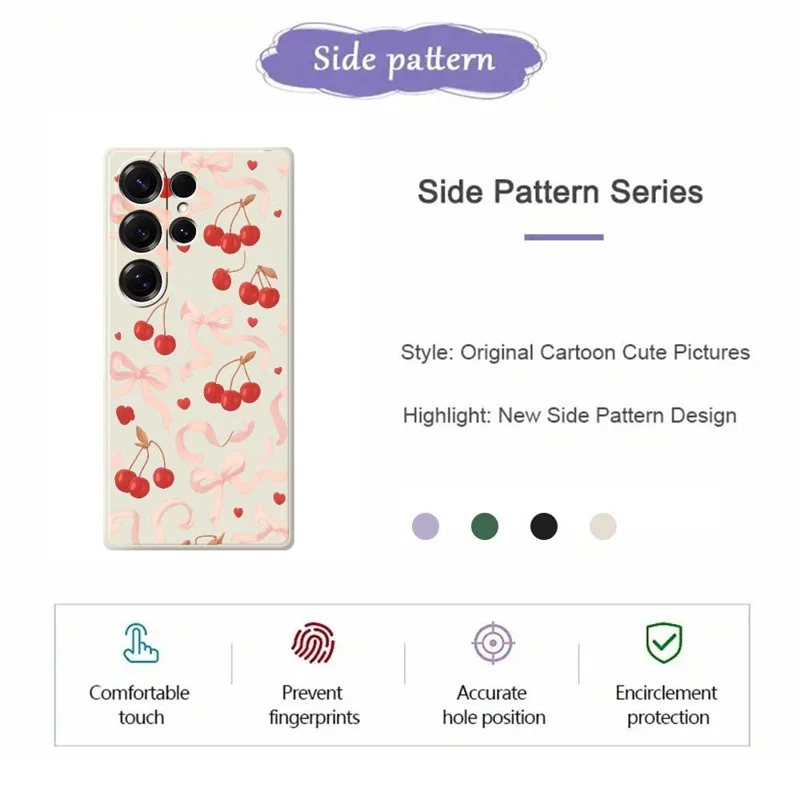 For Samsung Galaxy S25 Ultra Case Big Bow Cherry Pattern Printing Straight Edge TPU Phone Back Cover - Beige
