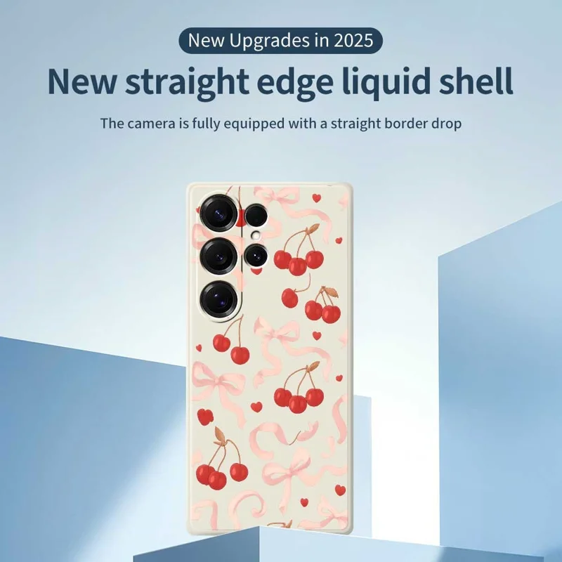 For Samsung Galaxy S25 Ultra Case Big Bow Cherry Pattern Printing Straight Edge TPU Phone Back Cover - Beige