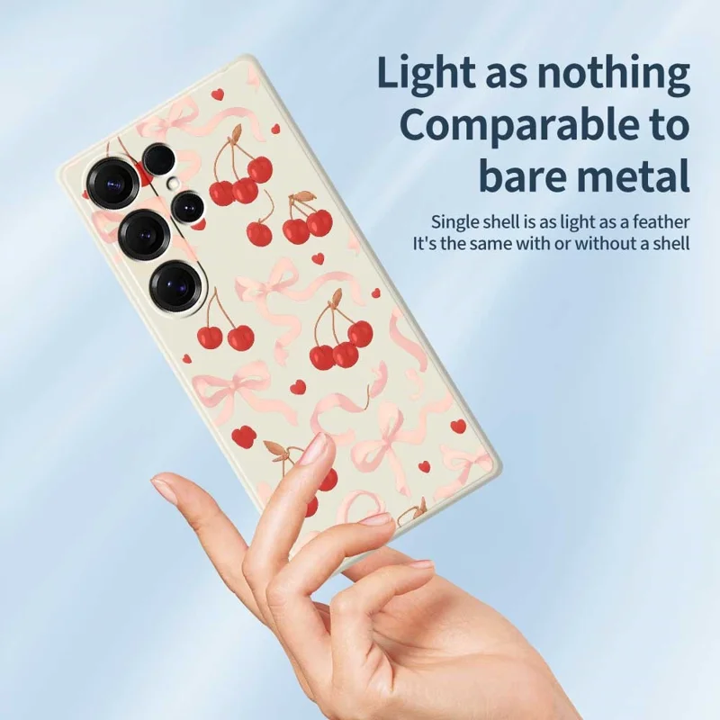 For Samsung Galaxy S25 Ultra Case Big Bow Cherry Pattern Printing Straight Edge TPU Phone Back Cover - Beige