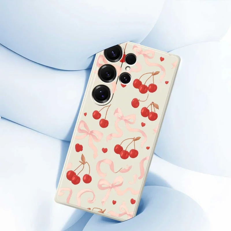 For Samsung Galaxy S25 Ultra Case Big Bow Cherry Pattern Printing Straight Edge TPU Phone Back Cover - Beige