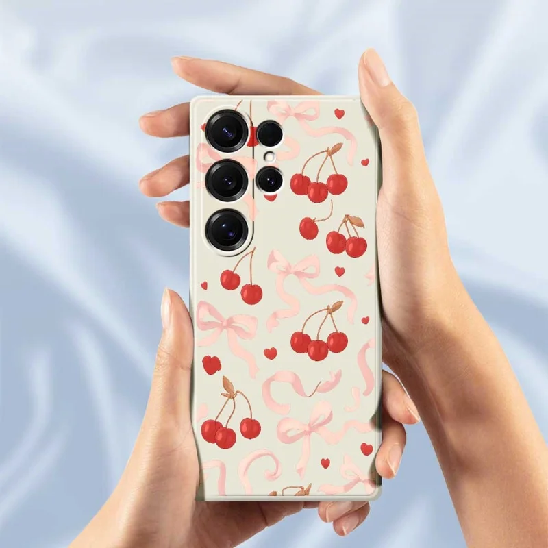 For Samsung Galaxy S25 Ultra Case Big Bow Cherry Pattern Printing Straight Edge TPU Phone Back Cover - Beige