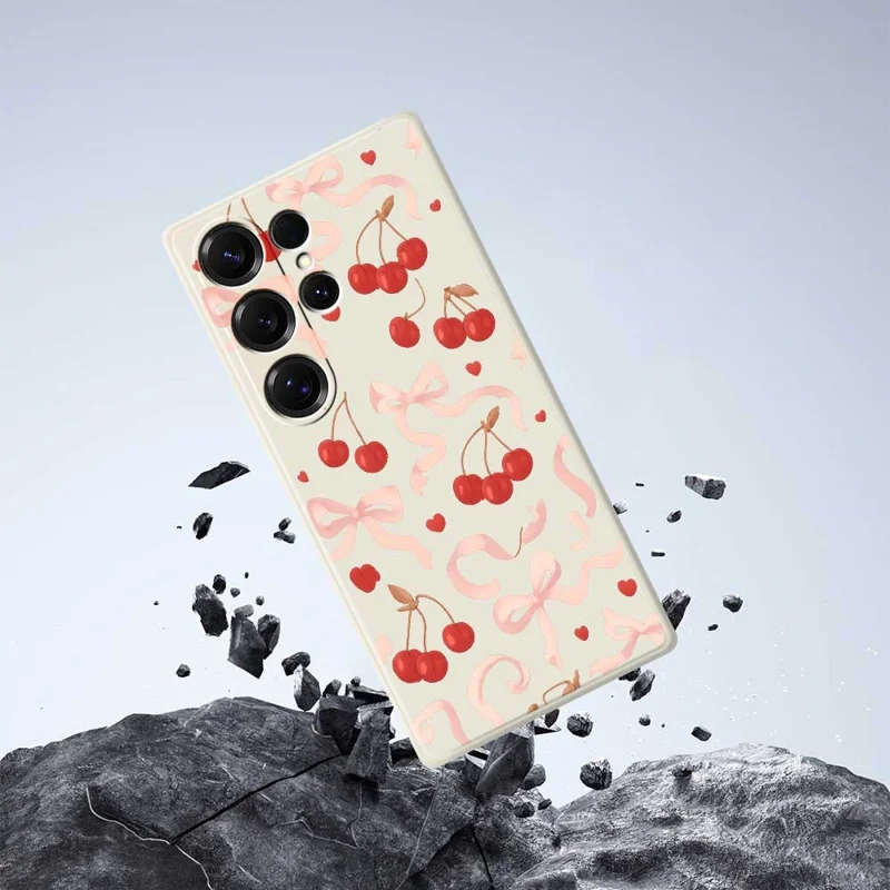 For Samsung Galaxy S25 Ultra Case Big Bow Cherry Pattern Printing Straight Edge TPU Phone Back Cover - Beige