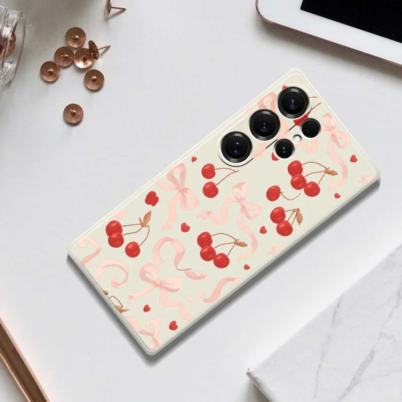 For Samsung Galaxy S25 Ultra Case Big Bow Cherry Pattern Printing Straight Edge TPU Phone Back Cover - Beige
