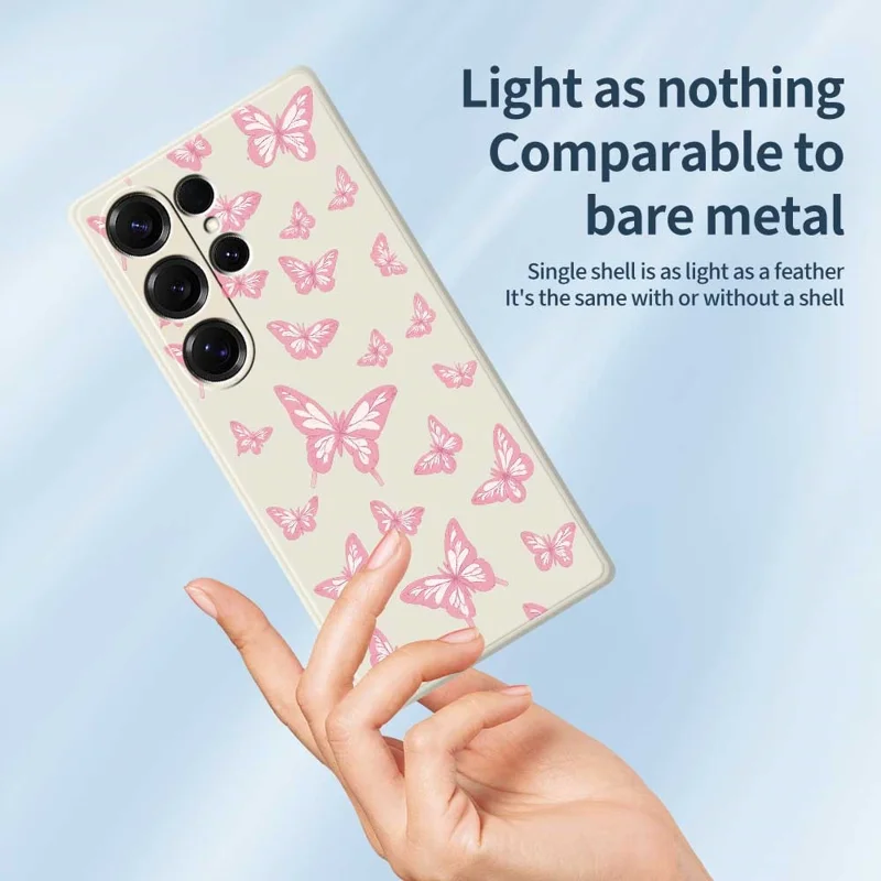 For Samsung Galaxy S25 Ultra Case Pink Butterflies Pattern Printing Straight Edge TPU Phone Back Cover - Beige