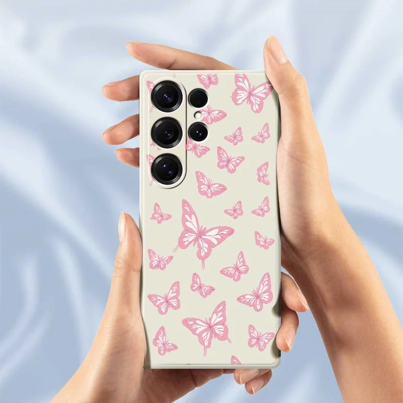 For Samsung Galaxy S25 Ultra Case Pink Butterflies Pattern Printing Straight Edge TPU Phone Back Cover - Beige