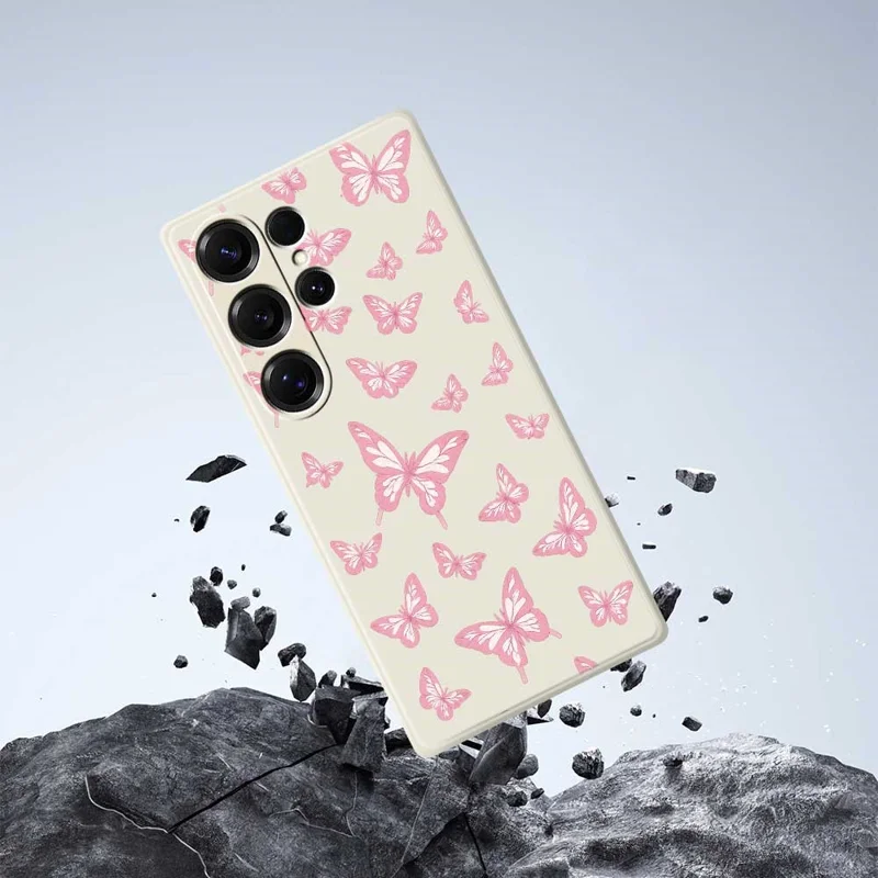 For Samsung Galaxy S25 Ultra Case Pink Butterflies Pattern Printing Straight Edge TPU Phone Back Cover - Beige