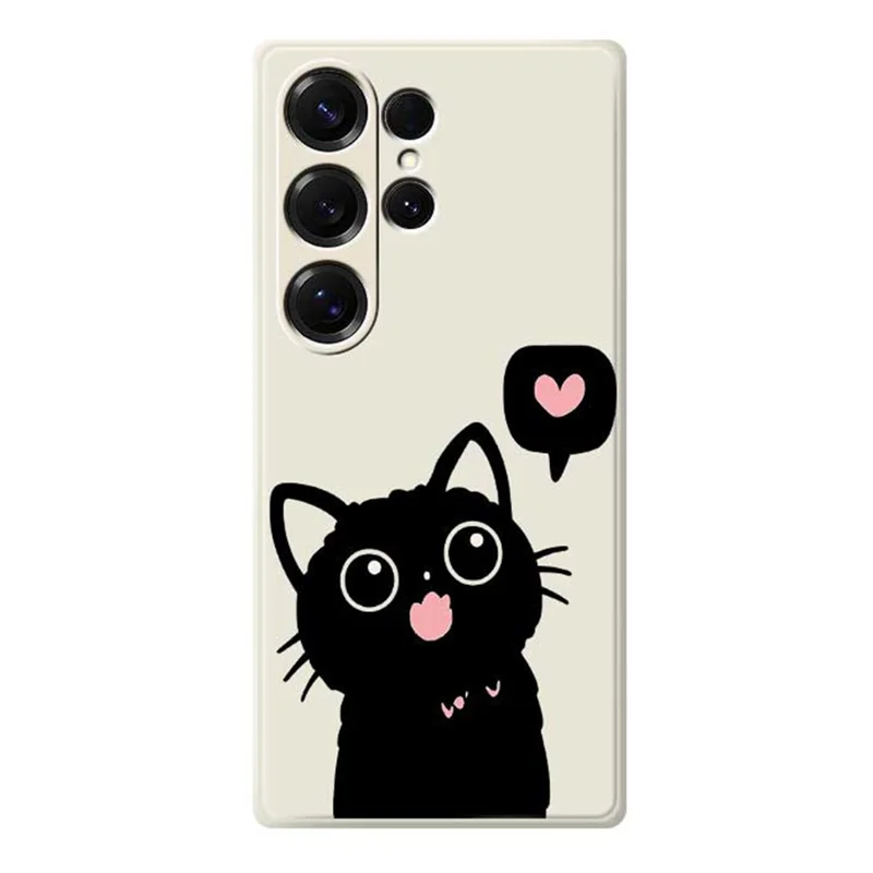 For Samsung Galaxy S25 Ultra Case Love Black Cat Pattern Printing Straight Edge TPU Phone Back Cover - Beige
