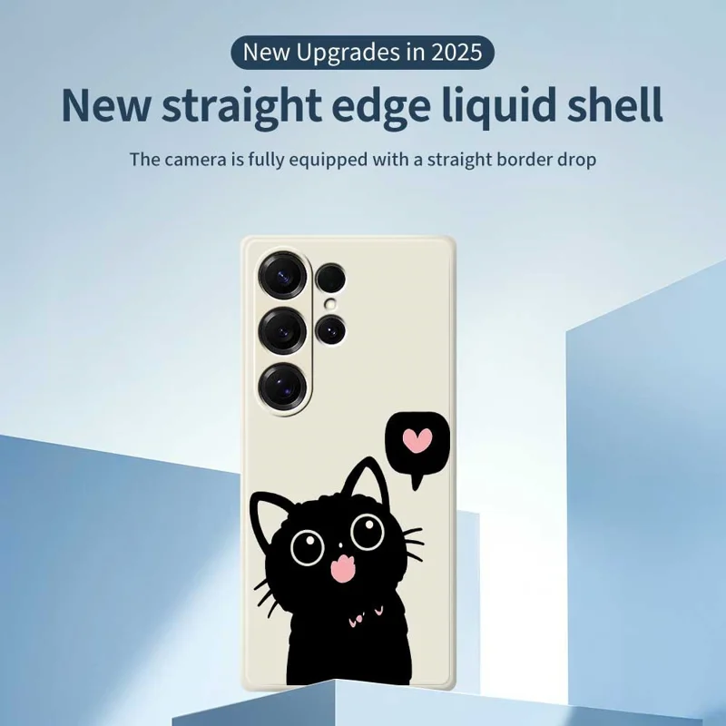 For Samsung Galaxy S25 Ultra Case Love Black Cat Pattern Printing Straight Edge TPU Phone Back Cover - Beige