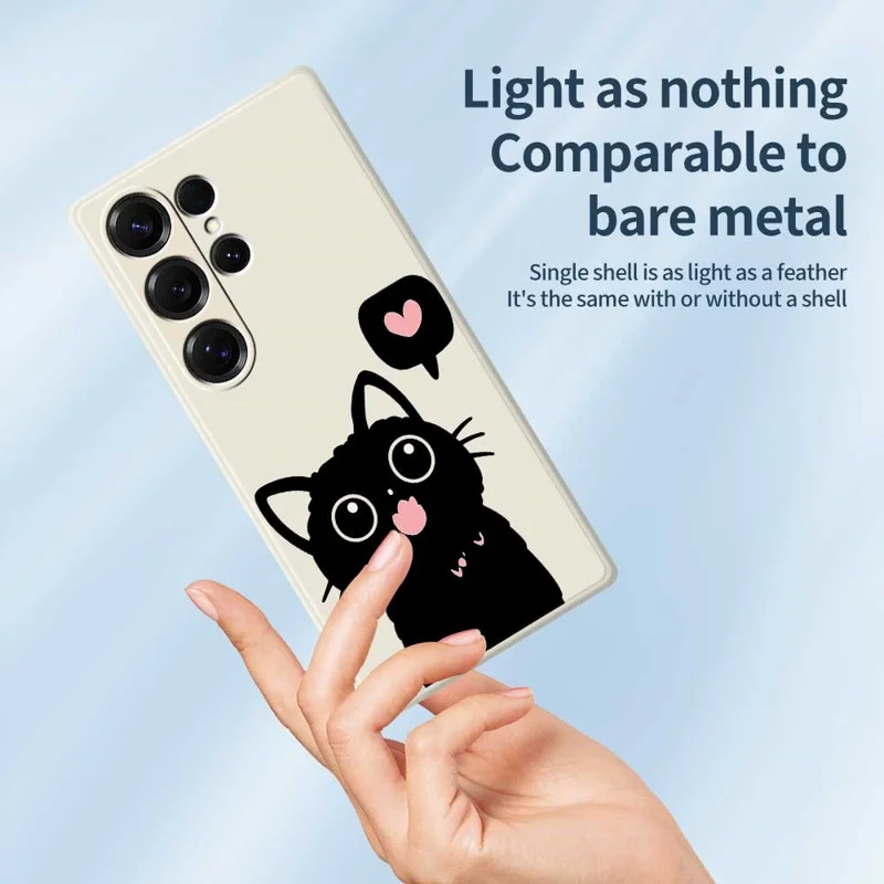 For Samsung Galaxy S25 Ultra Case Love Black Cat Pattern Printing Straight Edge TPU Phone Back Cover - Beige