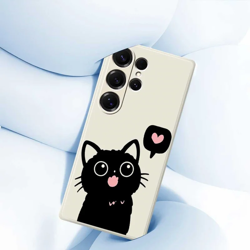 For Samsung Galaxy S25 Ultra Case Love Black Cat Pattern Printing Straight Edge TPU Phone Back Cover - Beige