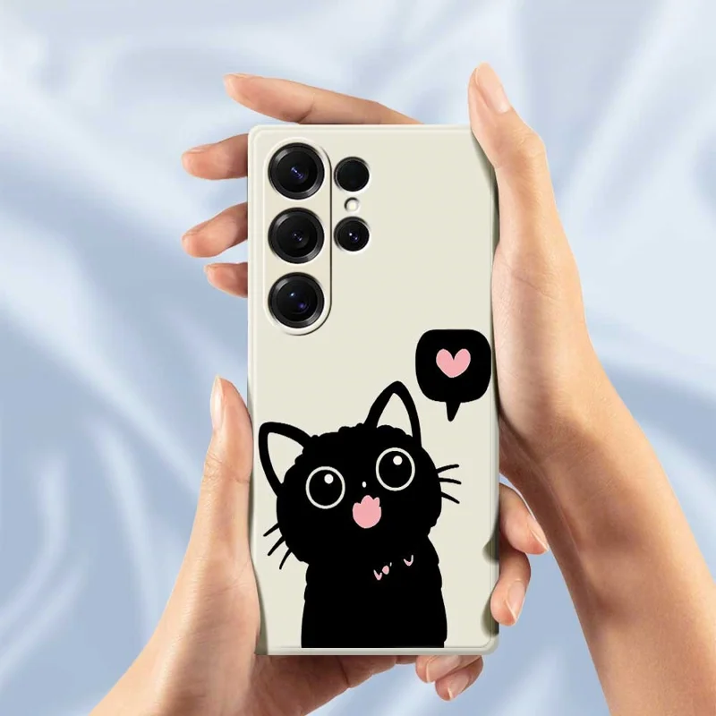 For Samsung Galaxy S25 Ultra Case Love Black Cat Pattern Printing Straight Edge TPU Phone Back Cover - Beige