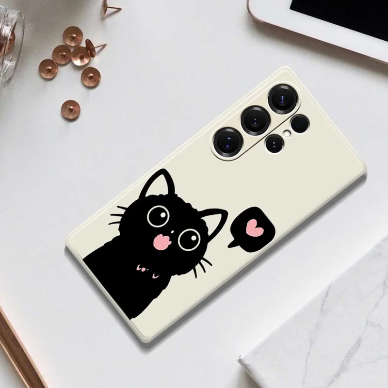 For Samsung Galaxy S25 Ultra Case Love Black Cat Pattern Printing Straight Edge TPU Phone Back Cover - Beige