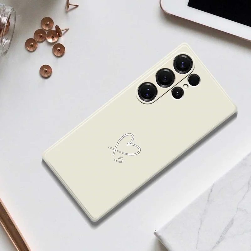 For Samsung Galaxy S25 Ultra Case White Love Pattern Printing Straight Edge TPU Phone Back Cover - Beige