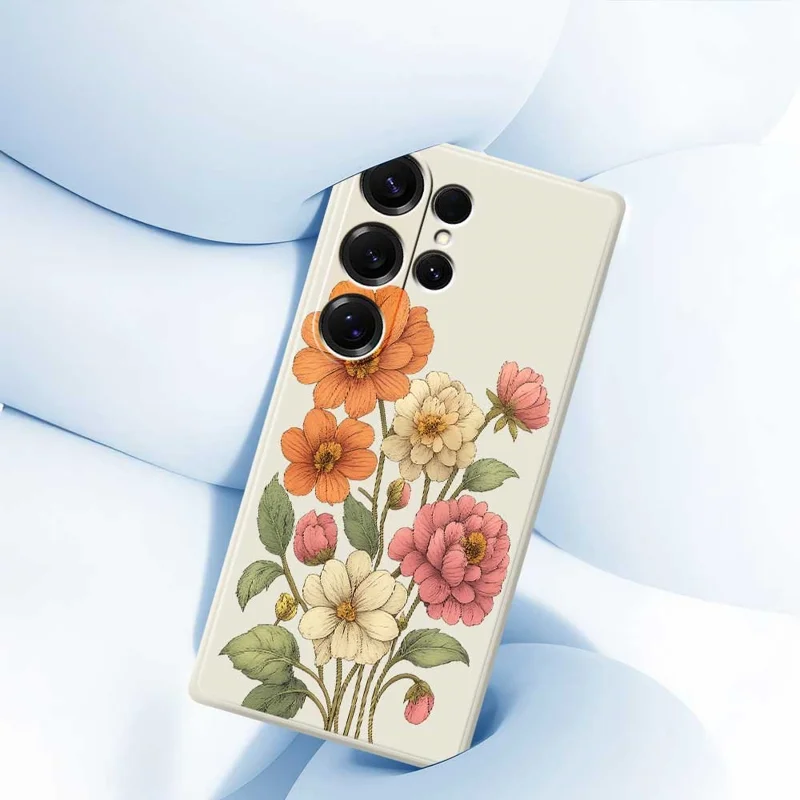 Für Samsung Galaxy S25 Ultra Hülle Schöne Blumen Muster Bedrucken Gerade Kante TPU Handy Rückseite Abdeckung - Beige