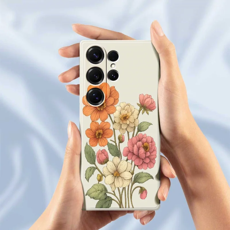 Für Samsung Galaxy S25 Ultra Hülle Schöne Blumen Muster Bedrucken Gerade Kante TPU Handy Rückseite Abdeckung - Beige