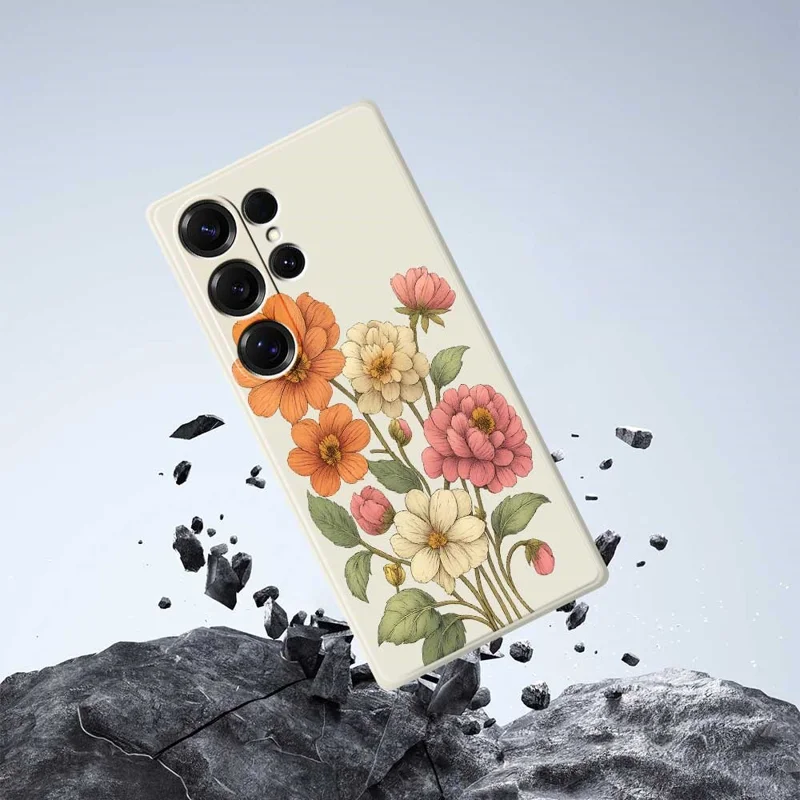 Für Samsung Galaxy S25 Ultra Hülle Schöne Blumen Muster Bedrucken Gerade Kante TPU Handy Rückseite Abdeckung - Beige